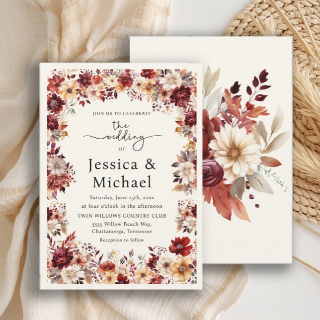 Invitation Mariage floral romantique à la crème bordeaux (Romantic burgundy and cream floral wedding invitation)