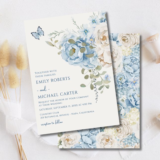 Invitation Mariage floral romantique bleu Dusty (Créateur téléchargé)