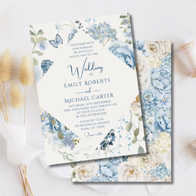 Invitation Mariage floral romantique bleu Dusty (Créateur téléchargé)