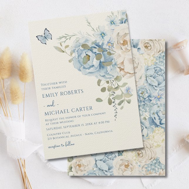 Invitation Mariage floral romantique bleu Dusty (Créateur téléchargé)