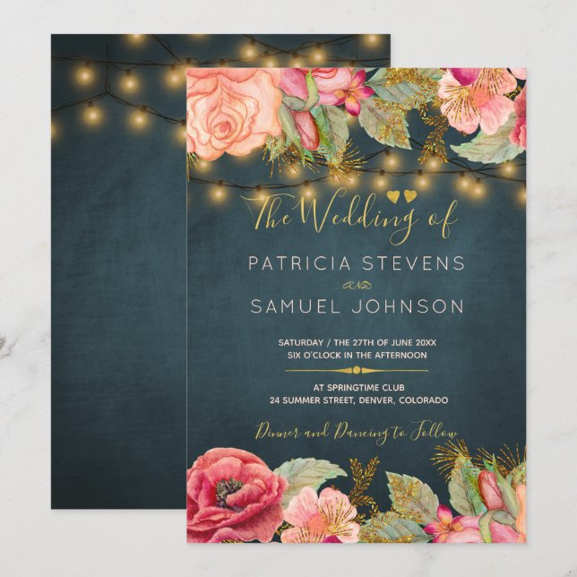 Invitation Mariage floral romantique bleu marine doré (Devant / Derrière)