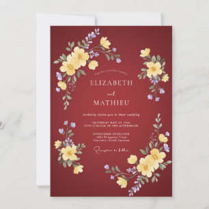 Invitation Mariage Floral Romantique Bourgogne Jaune