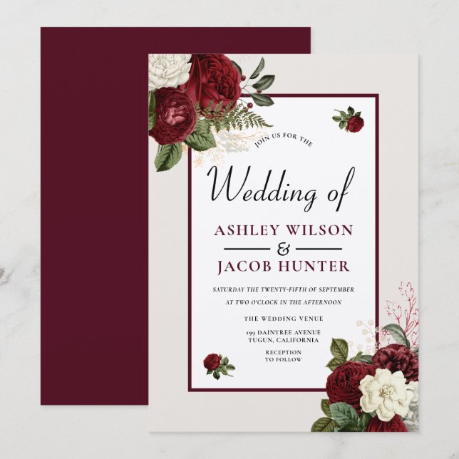 Invitation Mariage floral romantique de Bourgogne (Devant / Derrière)