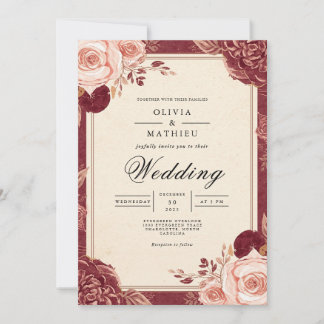 Invitation Mariage floral romantique en fleur de Crimson