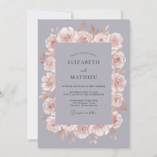Invitation Mariage Floral Romantique Gris Ardoise