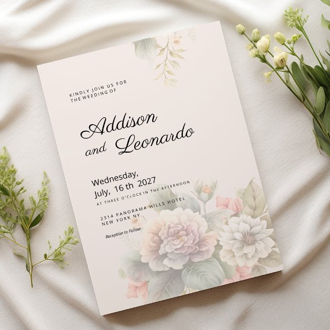 Invitation Mariage floral romantique ivoire rose bleu été (Romantic ivory pink blue summer floral wedding)