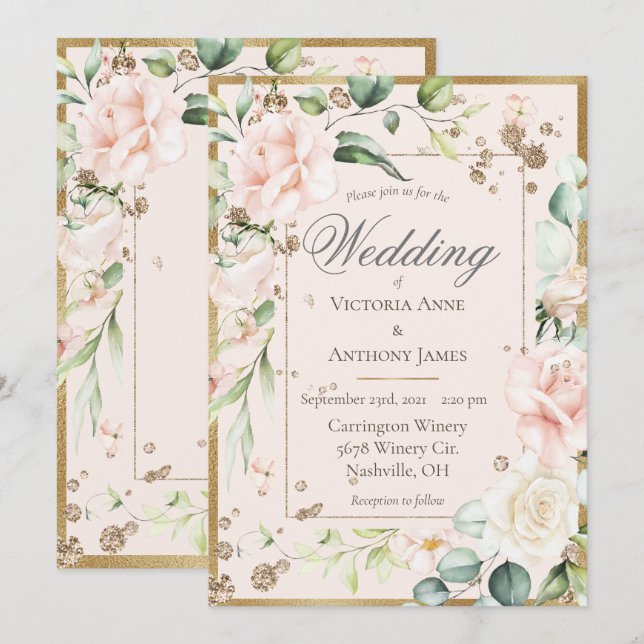 Invitation Mariage floral romantique rose (Devant / Derrière)