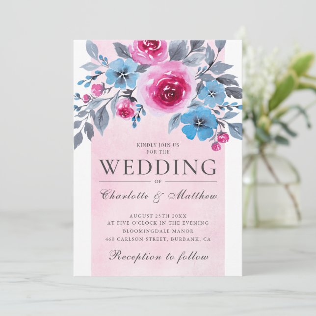 Invitation Mariage Floral Romantique Rose Et Bleu Aquarelle (Debout devant)