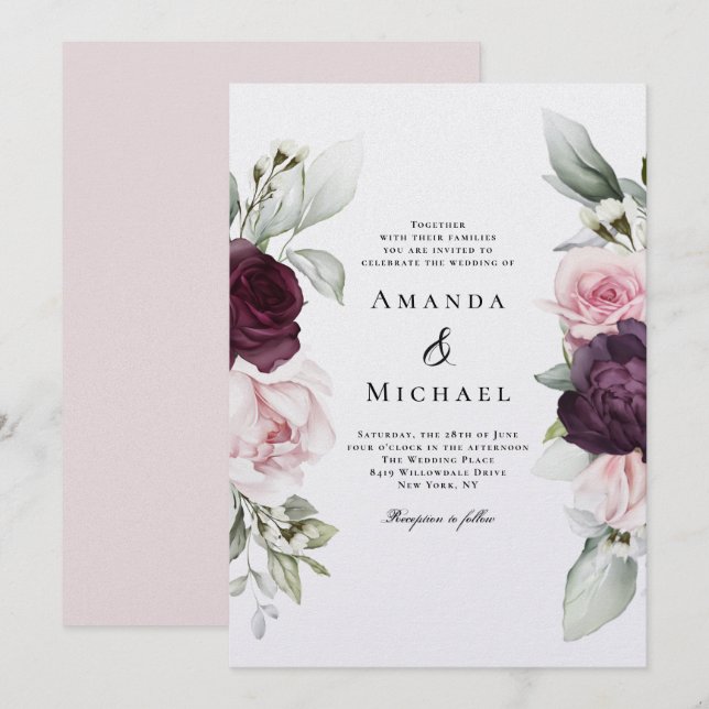 Invitation Mariage floral romantique rose et bordeaux (Devant / Derrière)