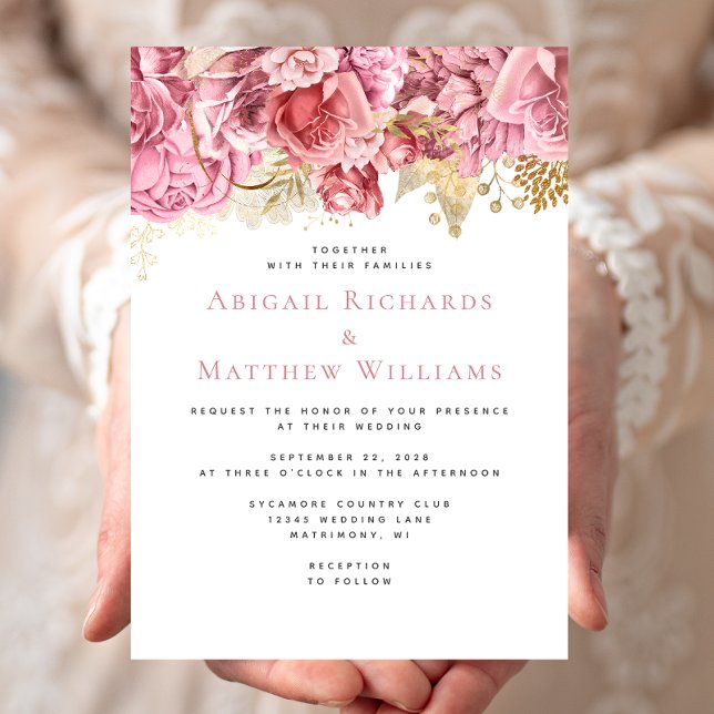 Invitation Mariage floral romantique rose or (Créateur téléchargé)