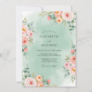 Invitation Mariage Floral Romantique Vert Menthe