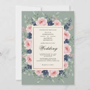 Invitation Mariage Floral Romantique Vert Sauge