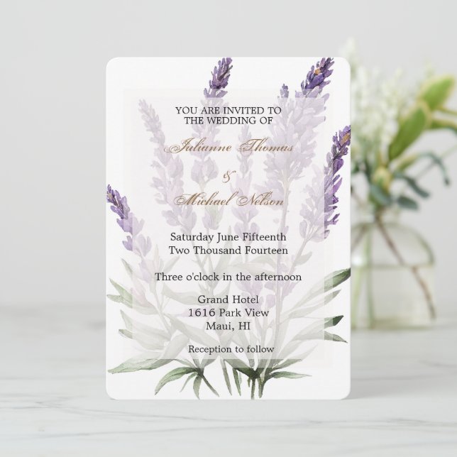 Invitation Mariage floral romantique violet de lavande (Debout devant)