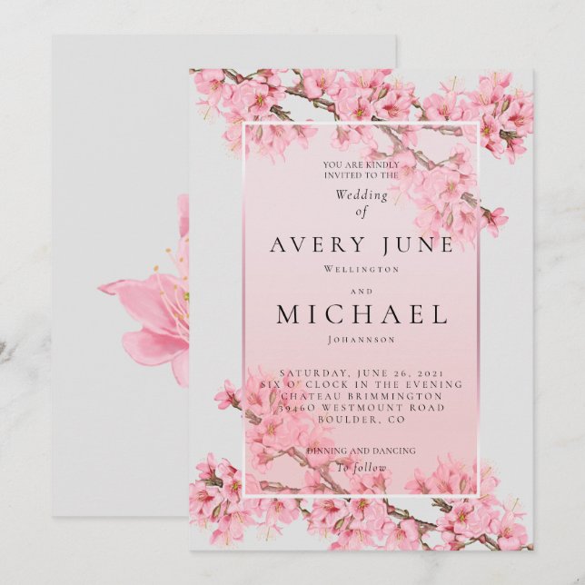 Invitation Mariage floral rose à la floraison des cerisiers (Devant / Derrière)