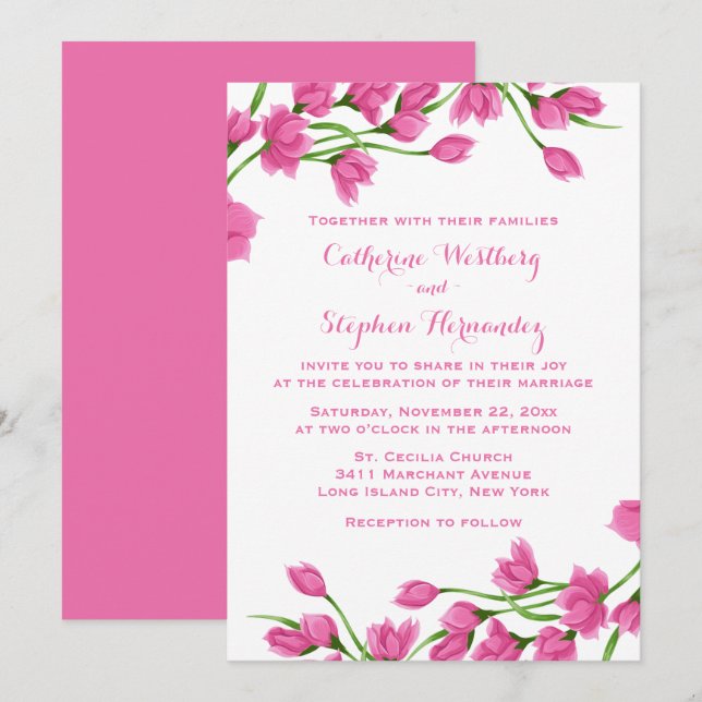 Invitation Mariage Floral Rose and White Flowers Fuchsia (Devant / Derrière)