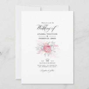 Invitation Mariage floral rose, argent et blanc