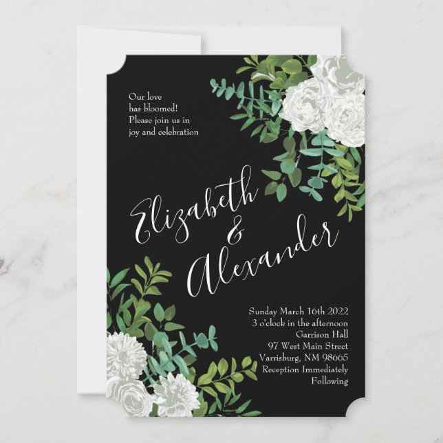 Invitation Mariage Floral Rose Black & White Peony (Devant)