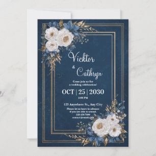 Invitation Mariage Floral Rose Blanc Bleu Marine Or Opulent