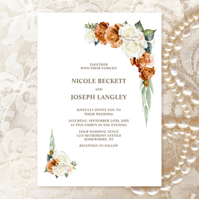 Invitation Mariage Floral Rose Blanche Orange Brûlé (Créateur téléchargé)