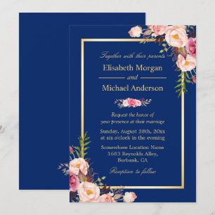 Invitation Mariage floral rose bleu marine
