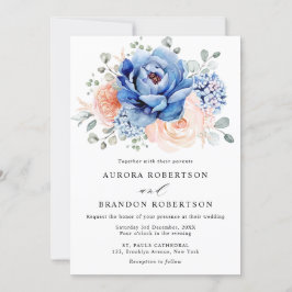 Invitation Mariage floral rose bleu marine
