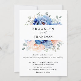 Invitation Mariage floral rose bleu marine