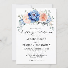 Invitation Mariage floral rose bleu marine