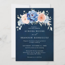 Invitation Mariage floral rose bleu marine