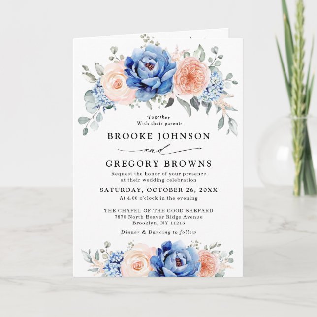 Invitation Mariage floral rose bleu marine (Devant)