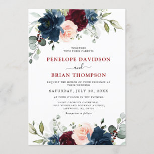 Invitation Mariage floral rose bleu marine Bourgogne