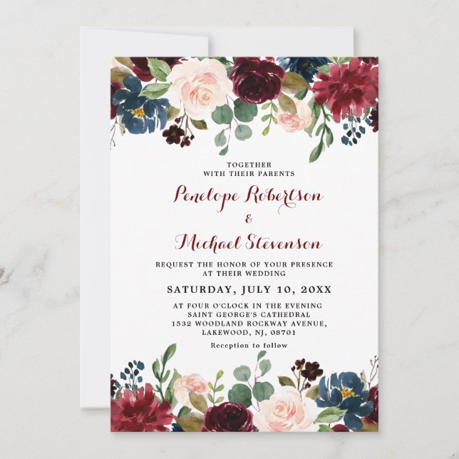 Invitation Mariage floral rose bleu marine Bourgogne (Devant)