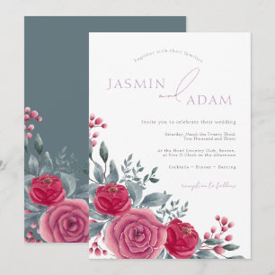 Invitation Mariage Floral Rose Bleu Poussiéreux Élégant