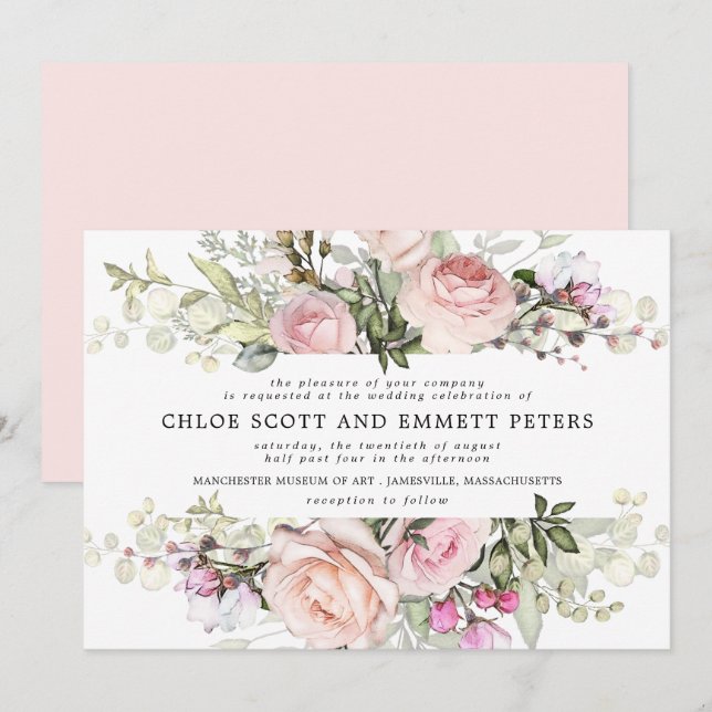 Invitation Mariage Floral rose Boho moderne (Devant / Derrière)