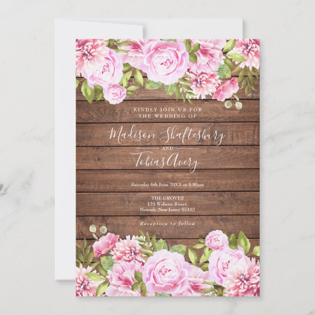 Invitation Mariage Floral rose bois rustique (Devant)