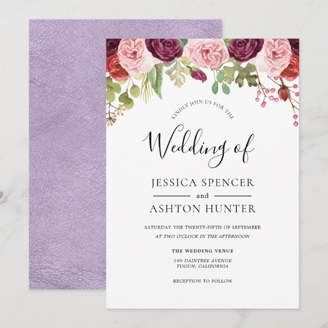 Invitation Mariage floral rose bordeaux et violet (Devant / Derrière)