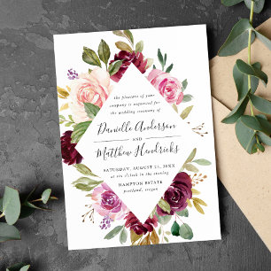 Invitation Mariage Floral Rose Bourgeois Bourgogne et Violet