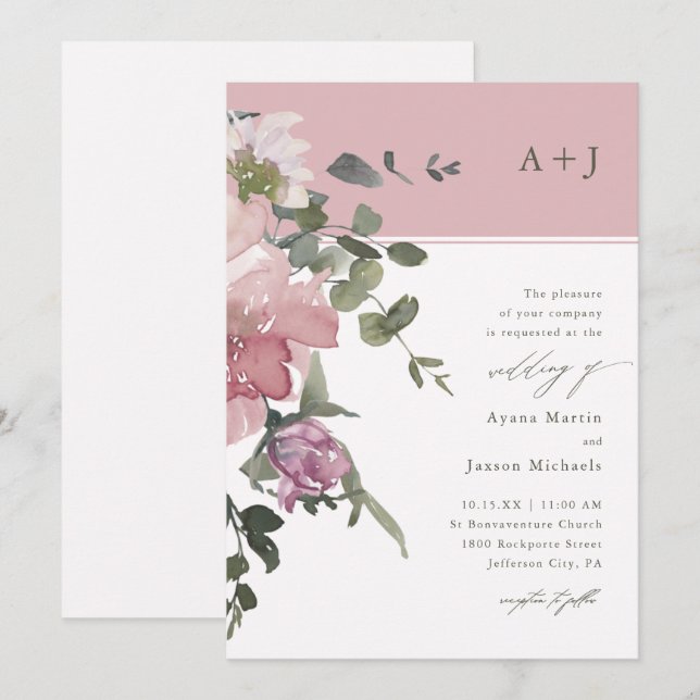 Invitation Mariage floral rose chic (Devant / Derrière)