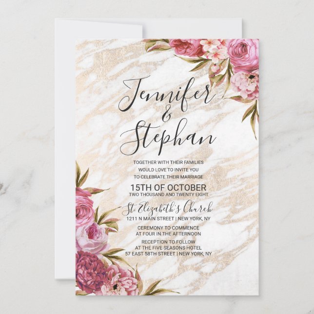 Invitation Mariage floral rose chic de marbre d'or (Devant)
