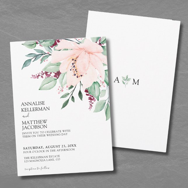 Invitation Mariage floral rose de Bourgogne moderne (Modern Pink Burgundy Floral Wedding Invitation)