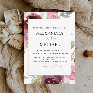 Invitation Mariage floral rose de Bourgogne romantique
