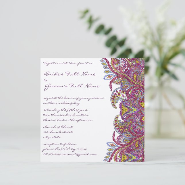 Invitation Mariage floral rose de framboise Paisley Damask (Debout devant)