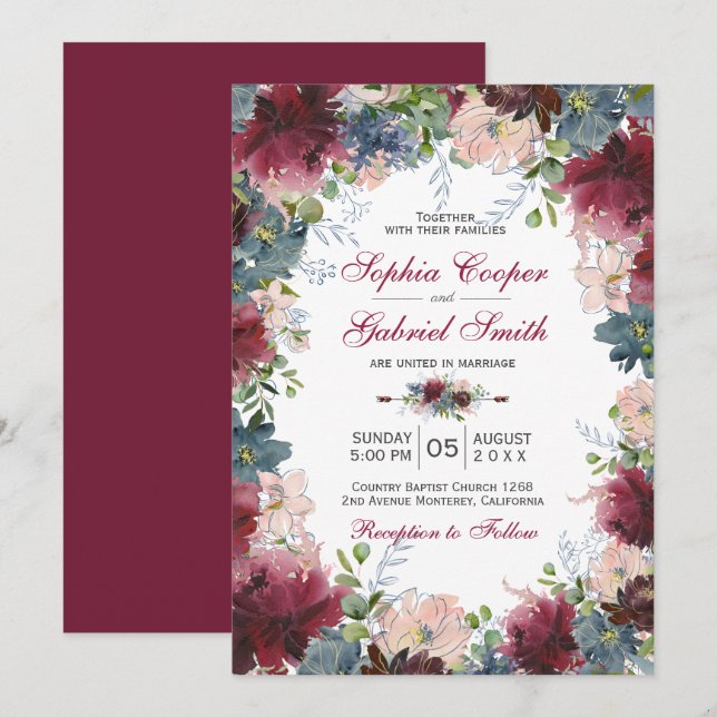 Invitation Mariage floral rose de la marine botanique moderne (Devant / Derrière)