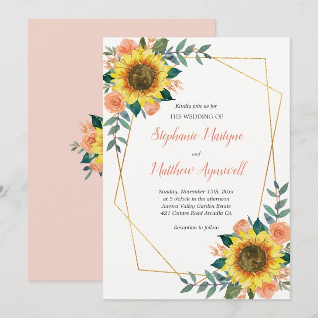 Invitation Mariage floral Rose de la pêche géométrique au tou (Devant / Derrière)