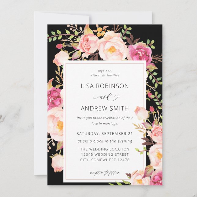 Invitation Mariage floral rose en fleurs V3 noir (Devant)