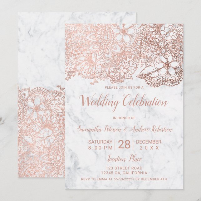 Invitation mariage floral Rose en marbre blanc (Devant / Derrière)