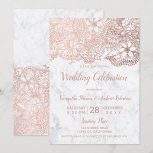 Invitation mariage floral Rose en marbre blanc