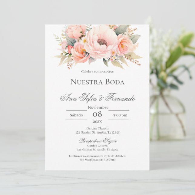 Invitation Mariage floral rose espagnol (Debout devant)