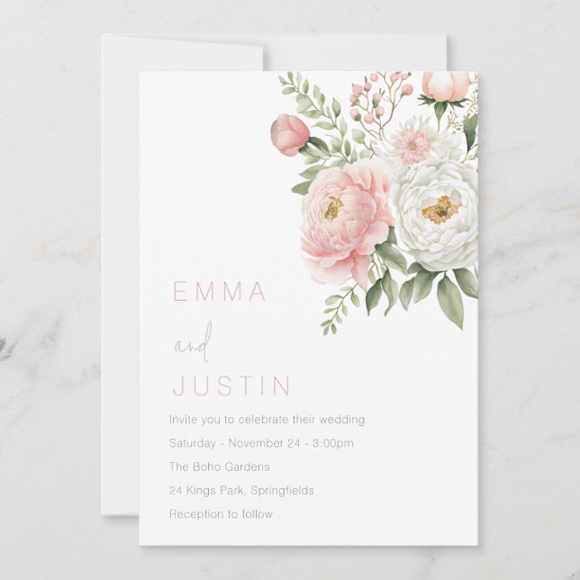 Invitation Mariage floral rose et blanc (Devant)
