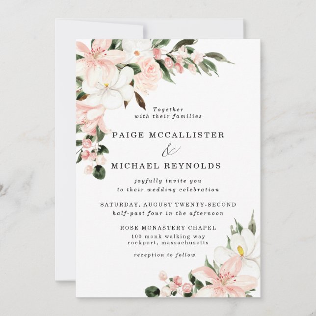 Invitation Mariage floral rose et blanc rustique (Devant)