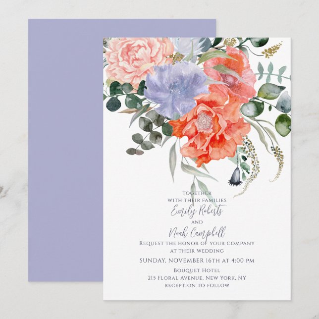 Invitation Mariage floral rose et bleu clair (Devant / Derrière)